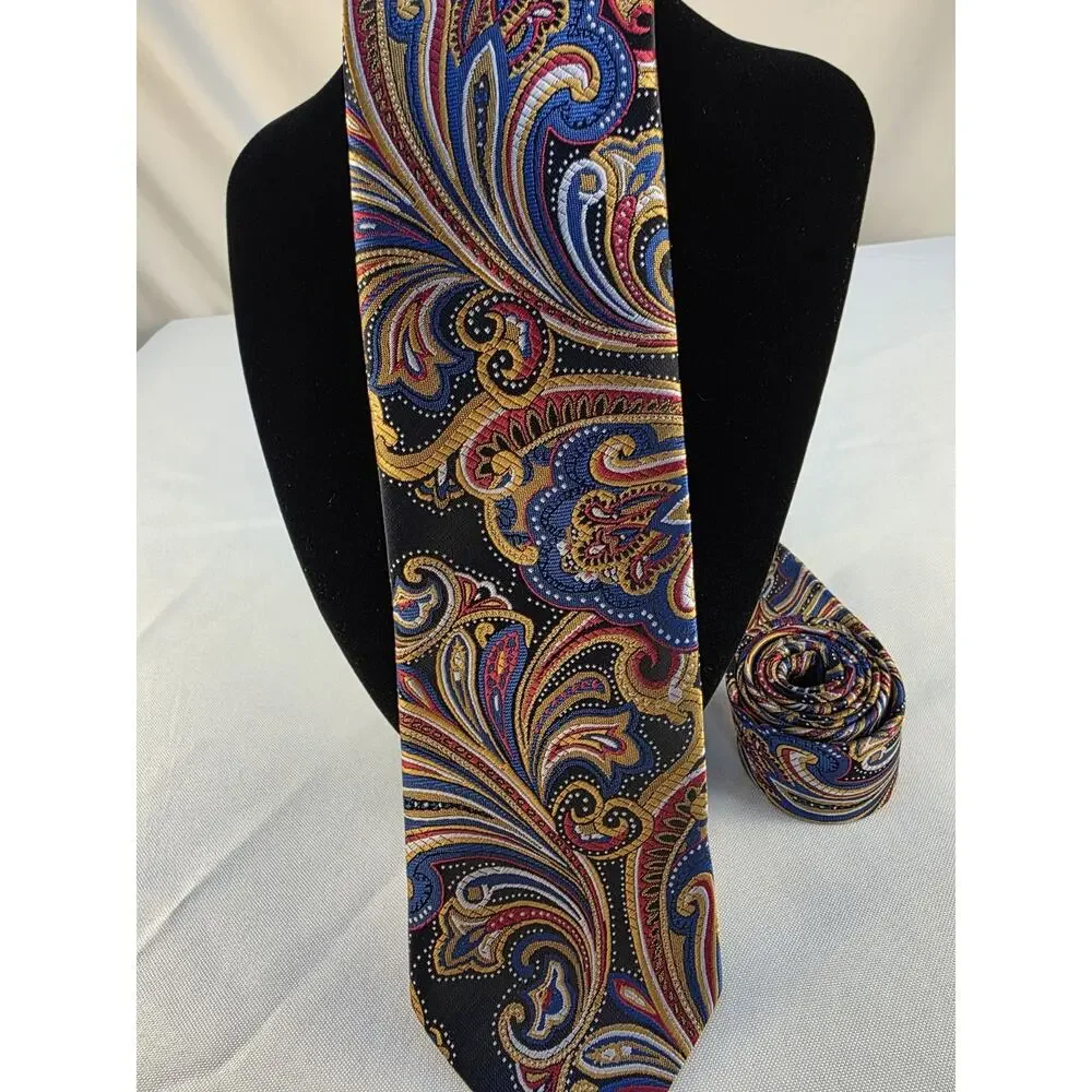 Classic Vintage Men's Tie Bright Paisley Blue Gold 100% Silk Jacquard Woven